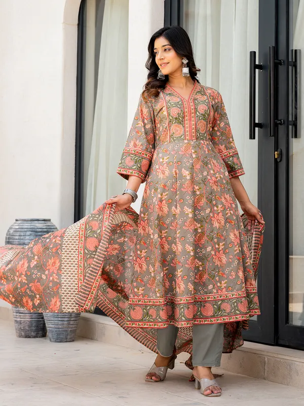 Latest grey cotton printed kurti set