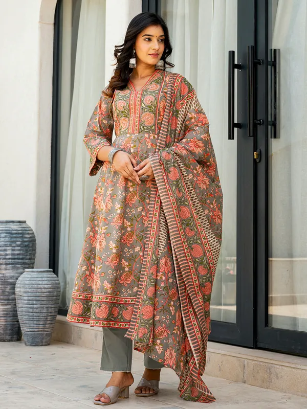 Latest grey cotton printed kurti set