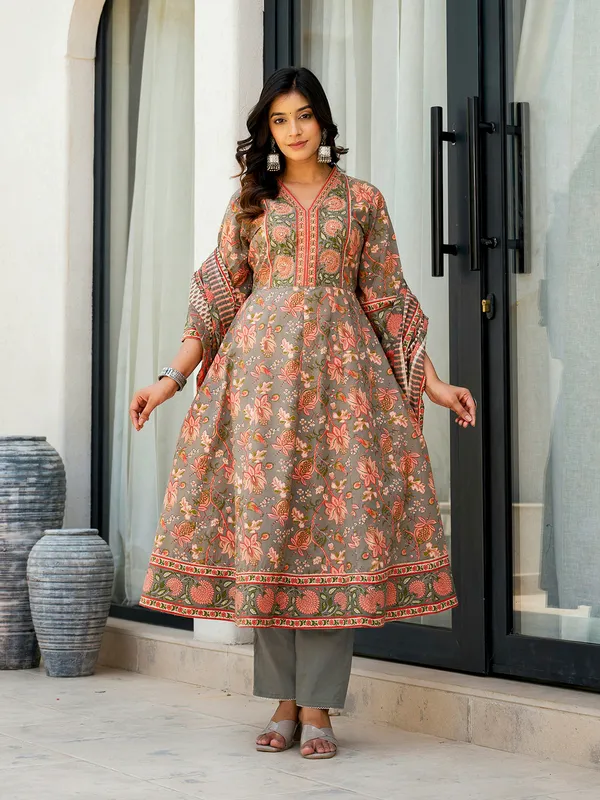 Latest grey cotton printed kurti set