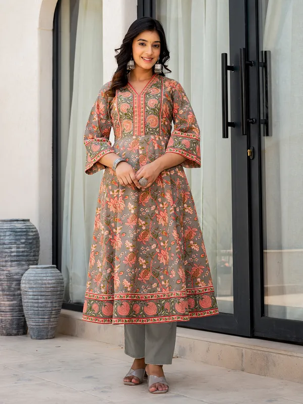 Latest grey cotton printed kurti set