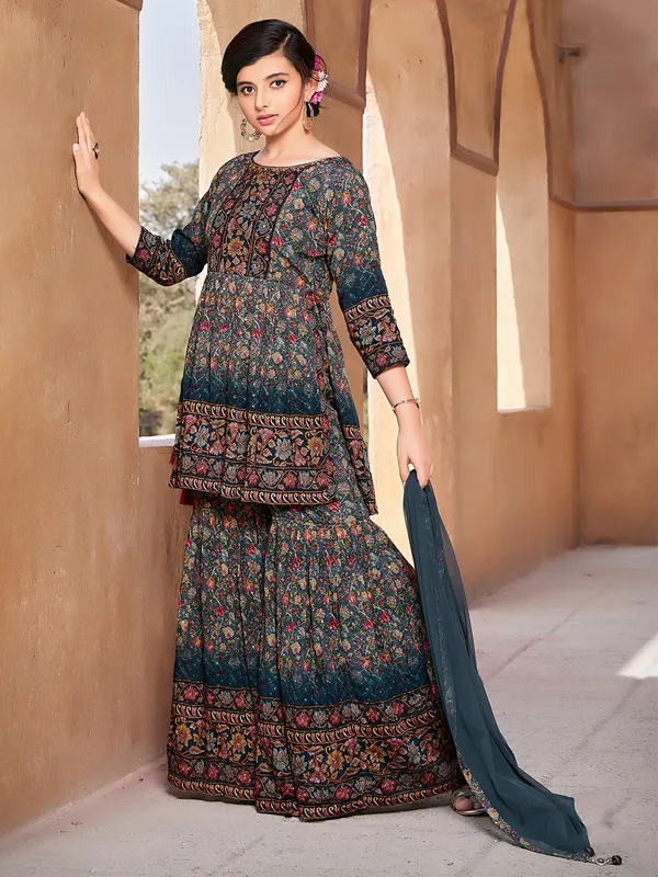 Latest grey georgette printed sharara suit