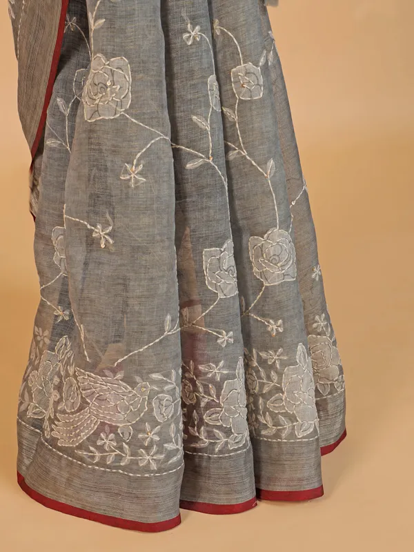 Latest grey linen printed saree