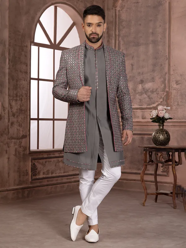Latest grey silk indowestern with embroidery