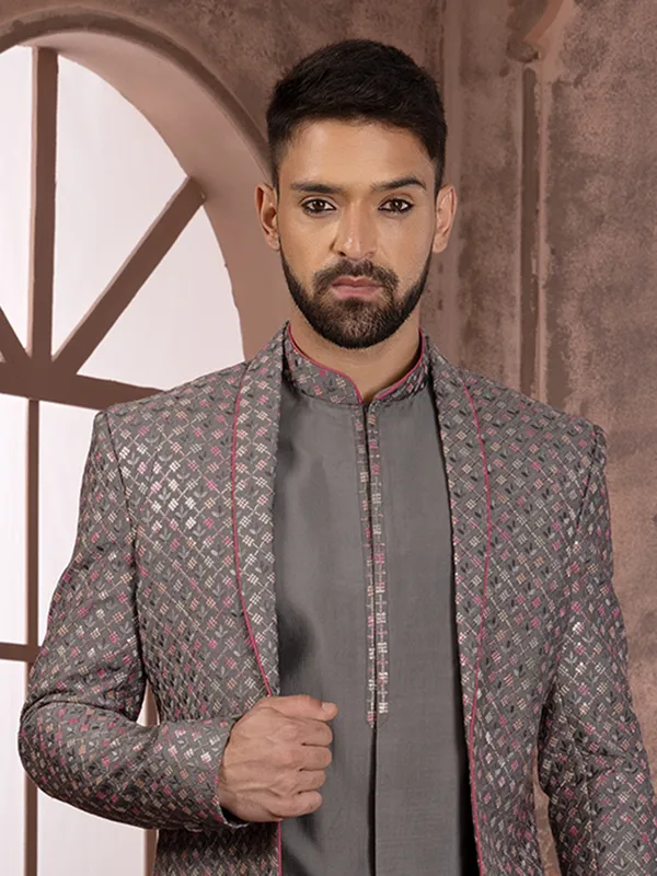 Latest grey silk indowestern with embroidery