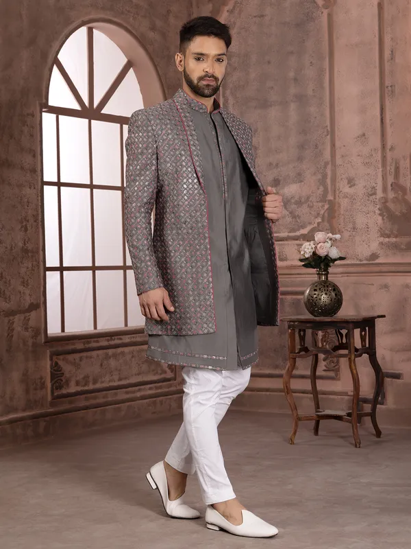 Latest grey silk indowestern with embroidery