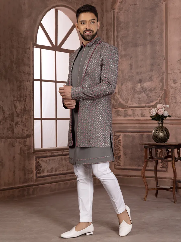 Latest grey silk indowestern with embroidery