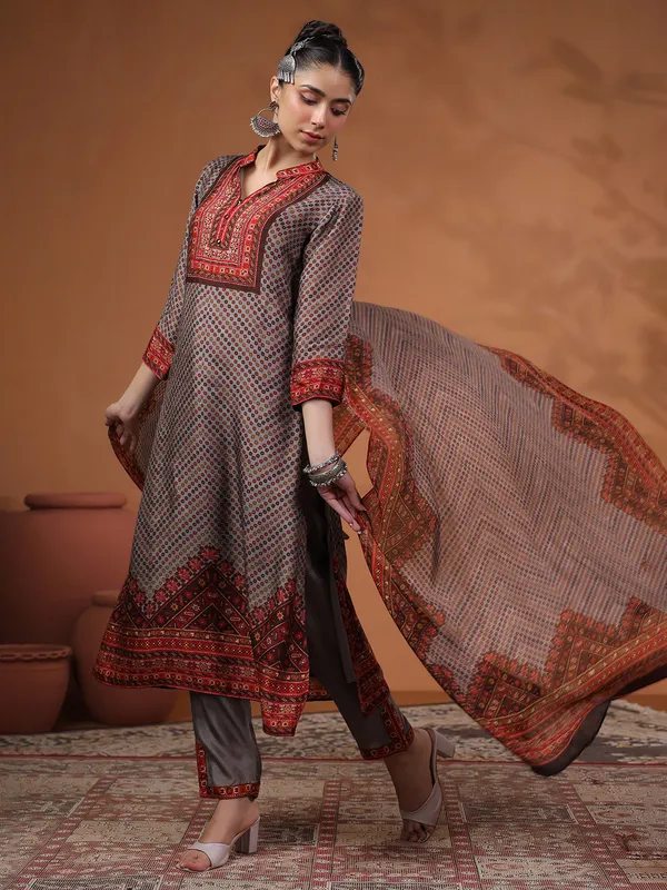 Latest grey silk printed kurti set