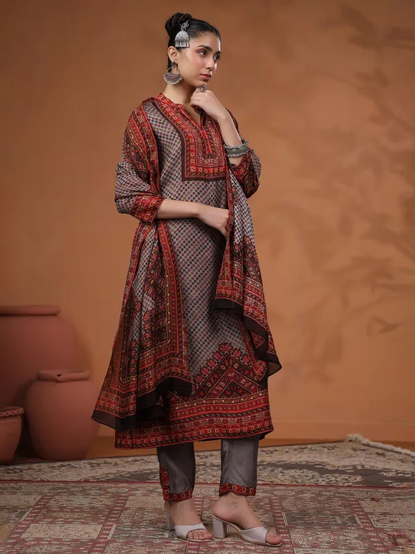 Latest grey silk printed kurti set