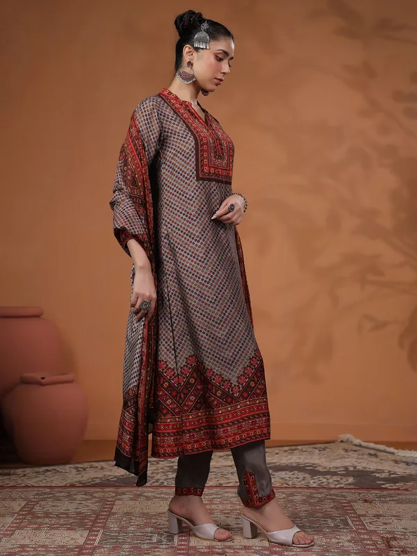 Latest grey silk printed kurti set