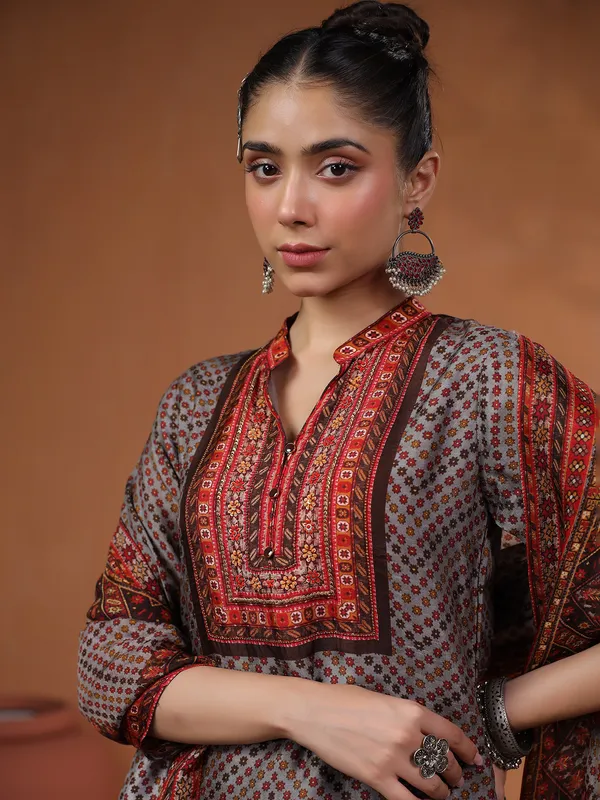 Latest grey silk printed kurti set
