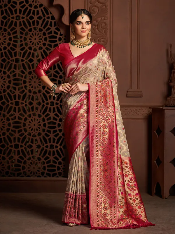 Latest grey silk zari weaving saree