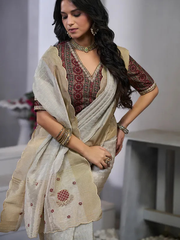 Latest grey zari weaving silk saree for women