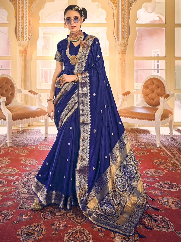 Latest ink blue satin silk wedding dhup chav saree