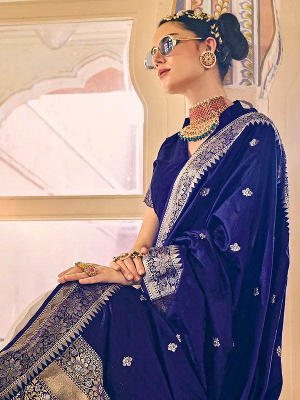 Latest ink blue satin silk wedding dhup chav saree