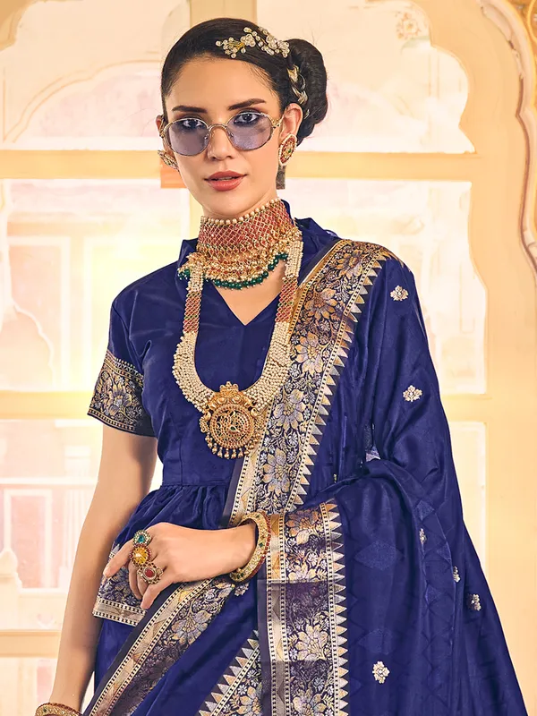 Latest ink blue satin silk wedding dhup chav saree