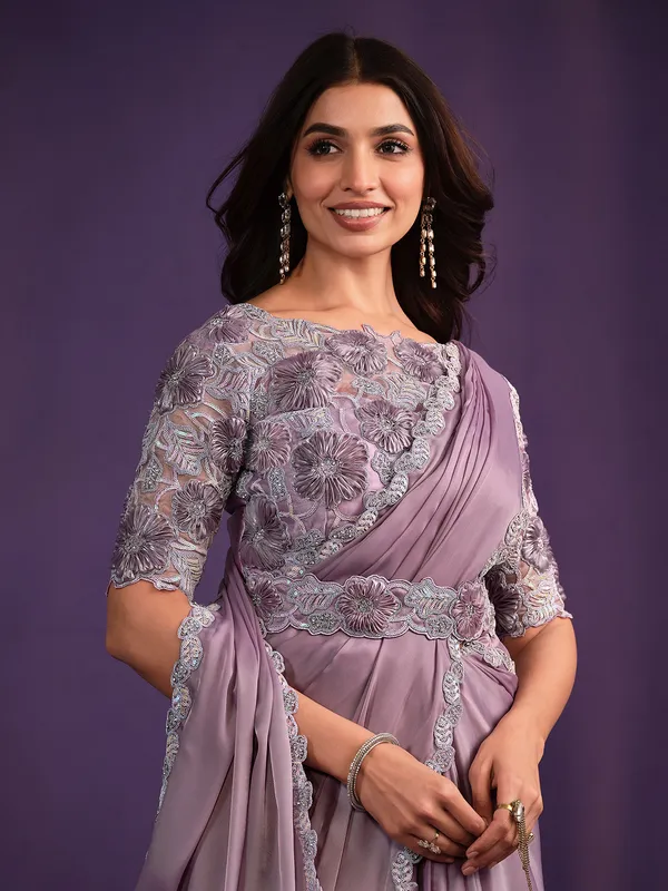 Latest lavender pre-stitched saree