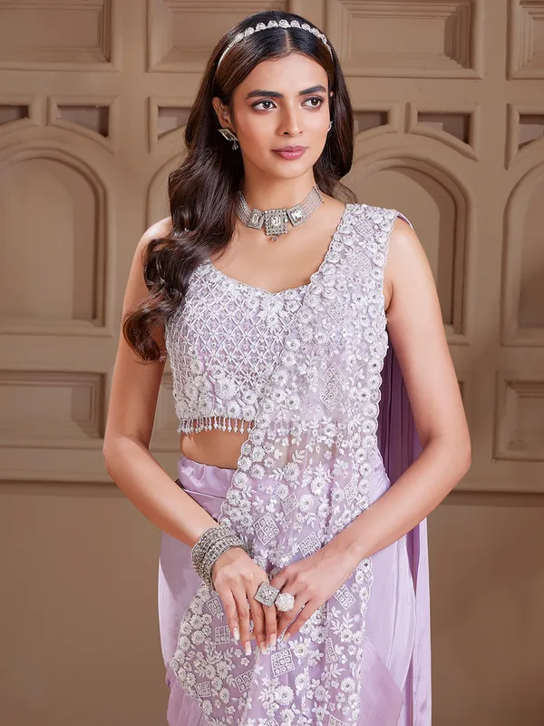 Latest lavender satin designer saree