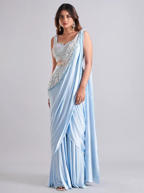 Latest light blue satin designer saree