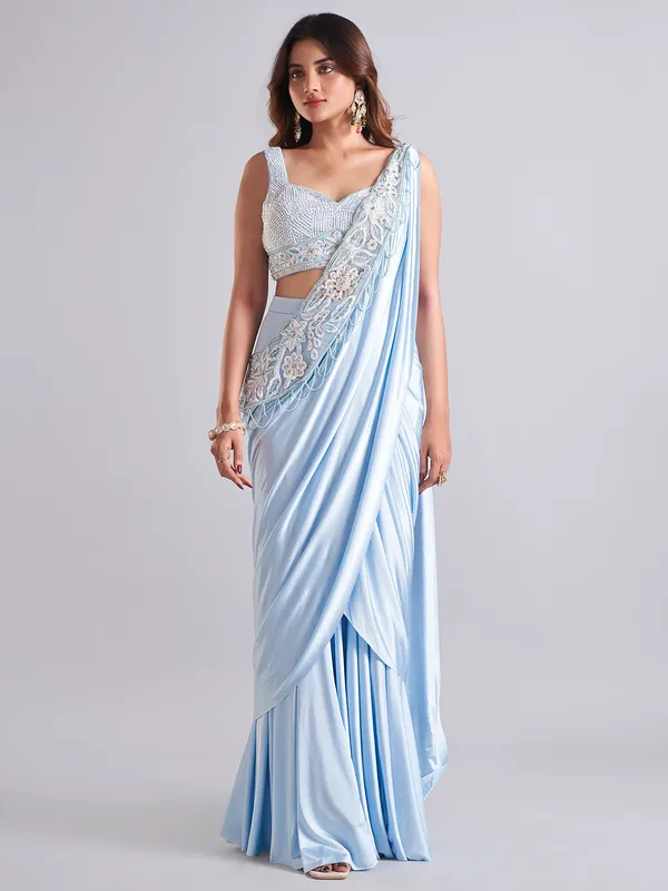 Latest light blue satin designer saree