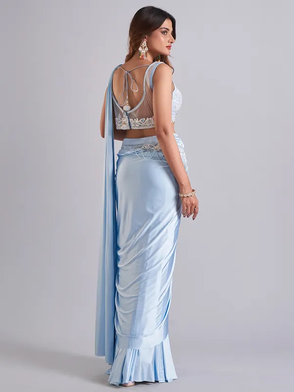 Latest light blue satin designer saree