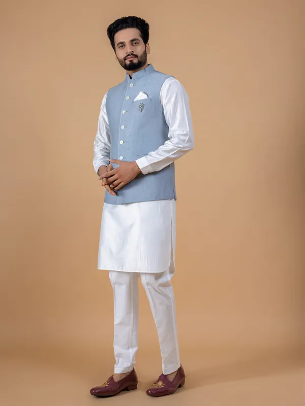 Latest light blue silk waistcoat set