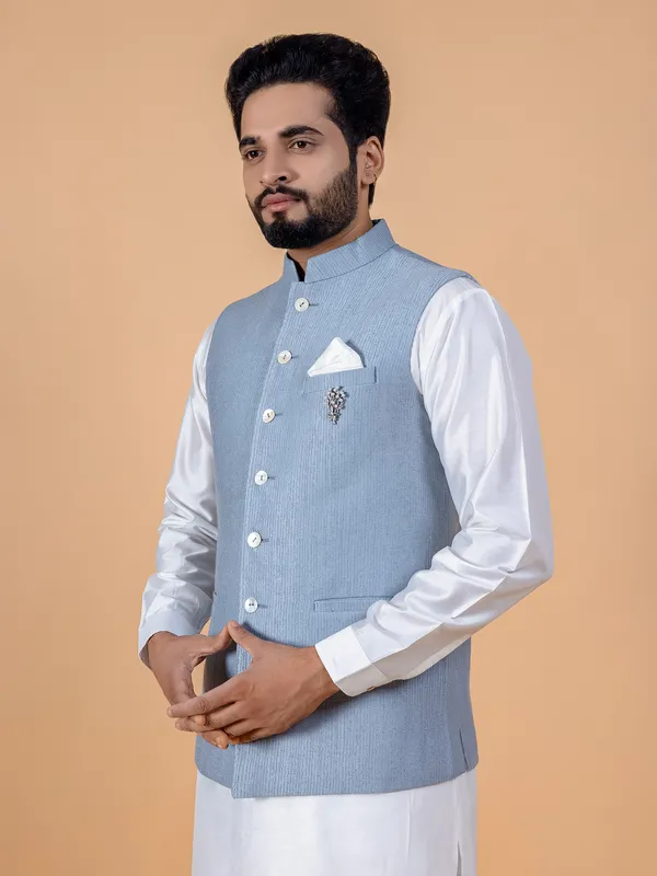 Latest light blue silk waistcoat set