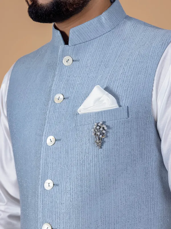 Latest light blue silk waistcoat set