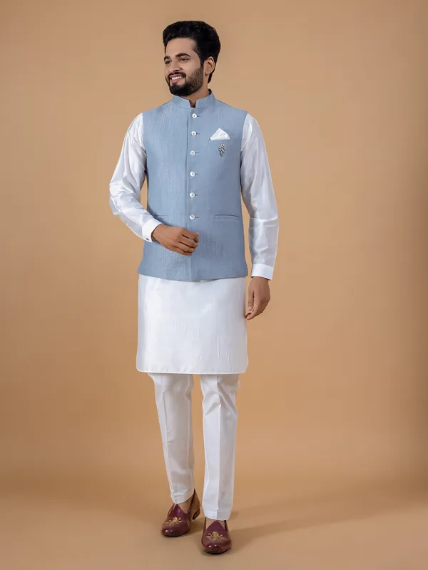 Latest light blue silk waistcoat set