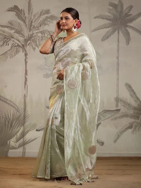 Latest light green organza saree