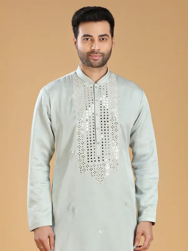 Latest light grey silk  Men Kurta pajama