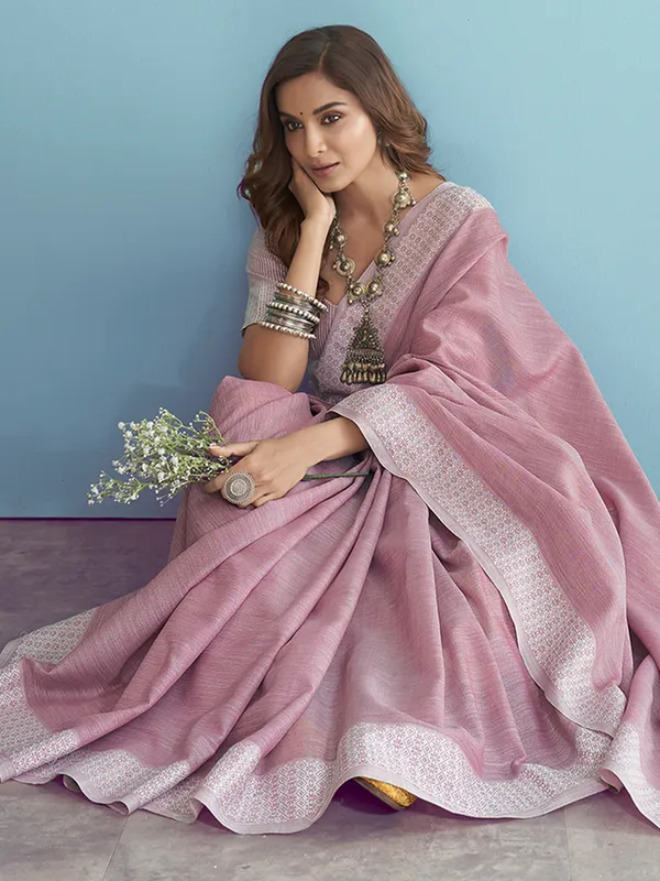 Latest light pink linen saree