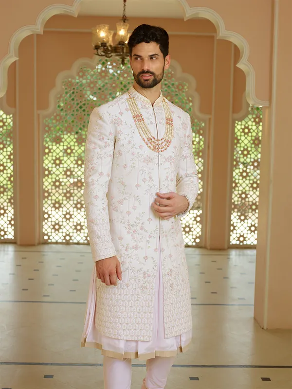 Latest light pink silk sherwani for groom