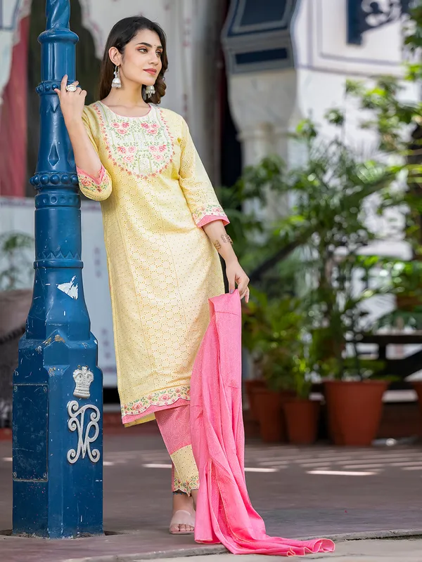 Latest light yellow cotton kurti set