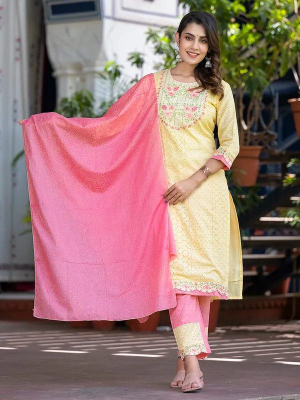 Latest light yellow cotton kurti set