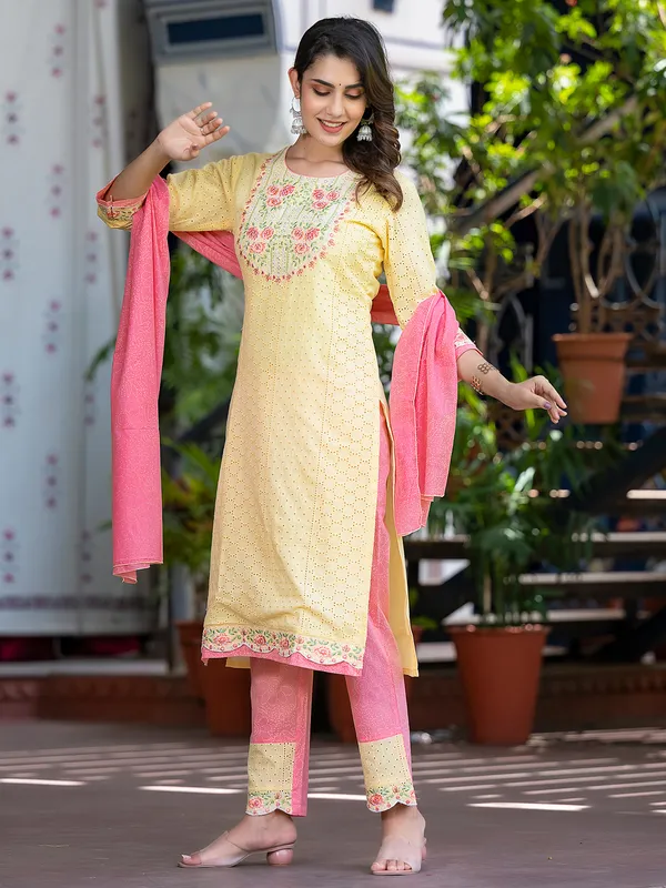 Latest light yellow cotton kurti set
