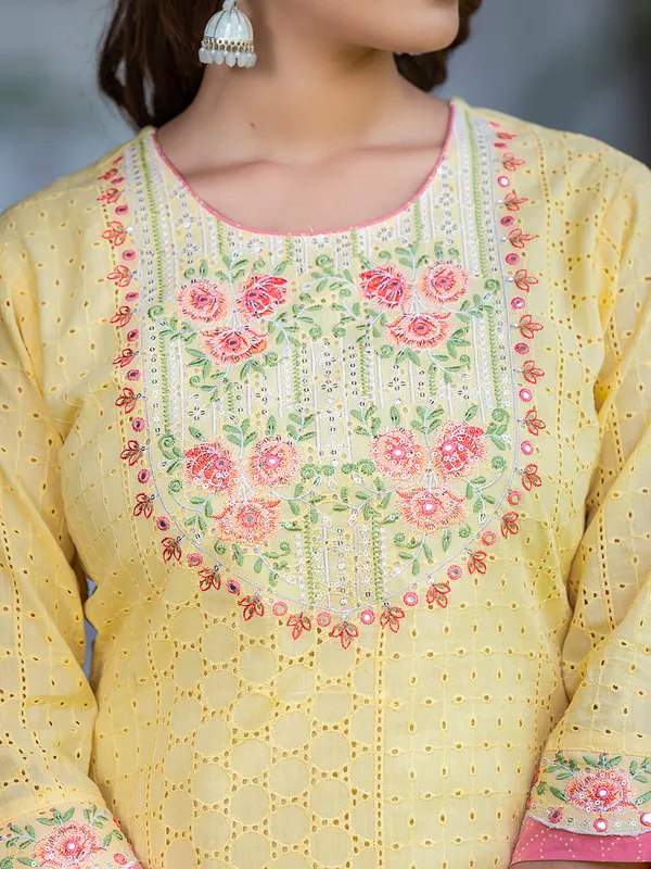 Latest light yellow cotton kurti set