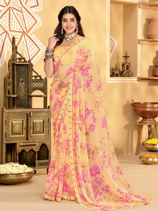 Latest light yellow floral printed saree