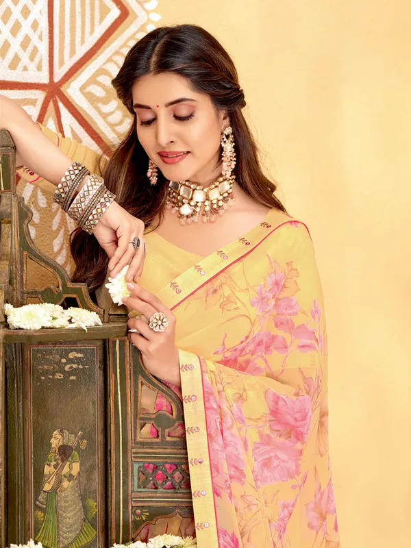 Latest light yellow floral printed saree
