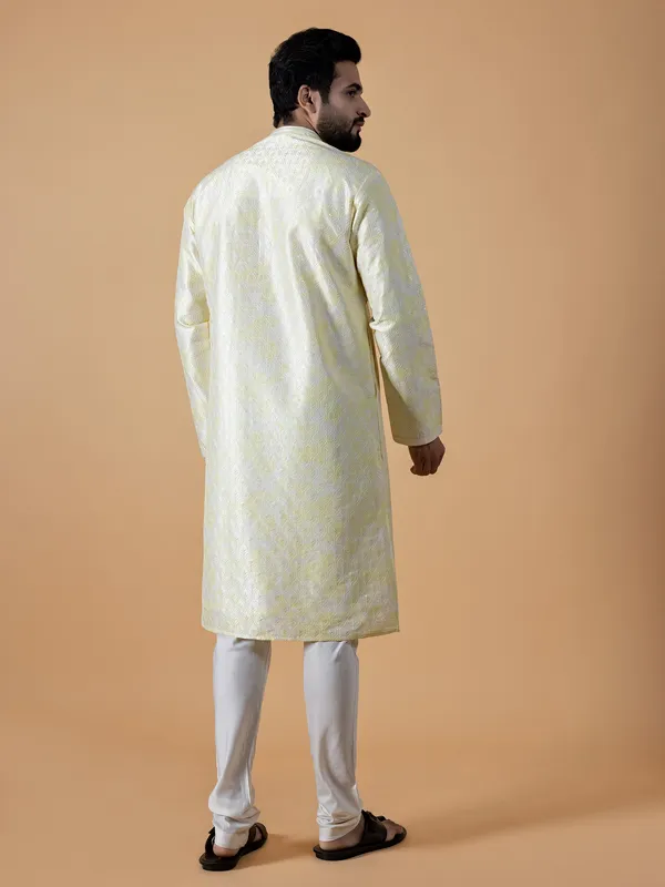 Latest light yellow silk printed  Men Kurta pajama
