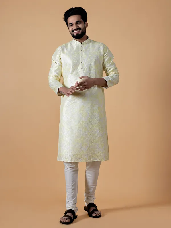 Latest light yellow silk printed  Men Kurta pajama