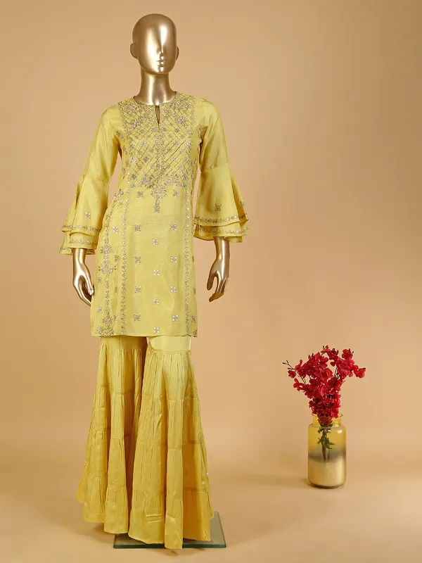 Latest light yellow silk sharara suit