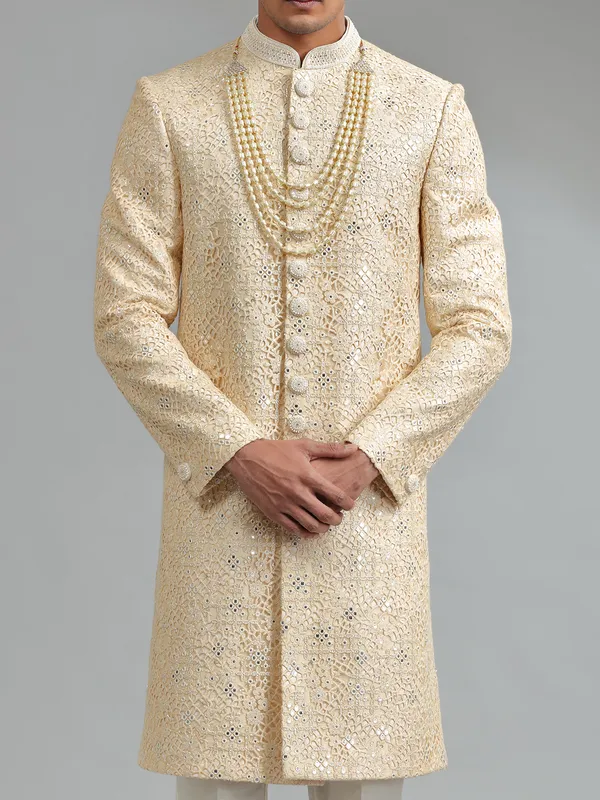 Latest light yellow silk sherwani