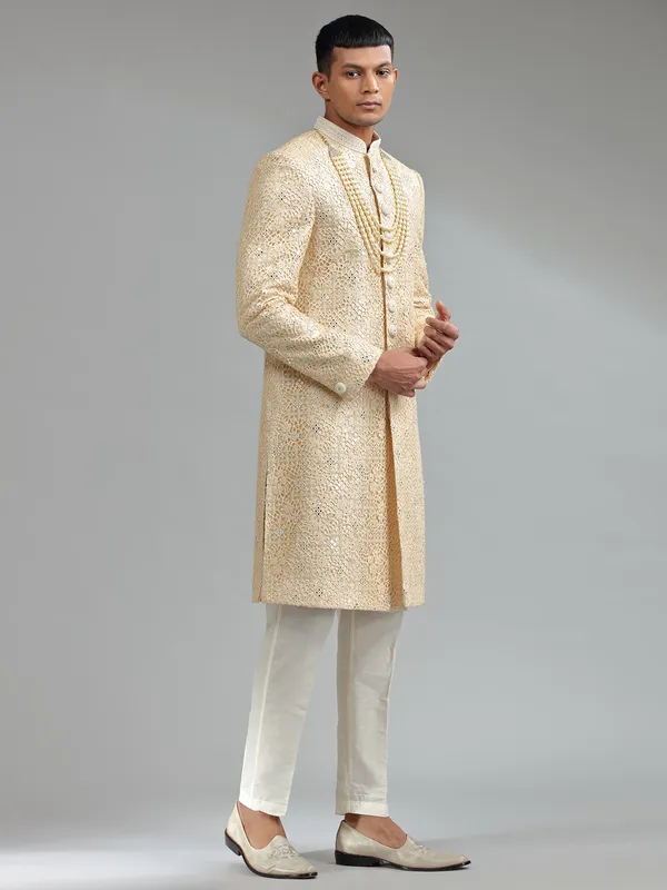 Latest light yellow silk sherwani