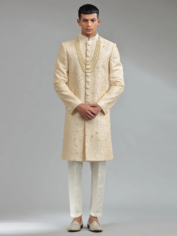 Latest light yellow silk sherwani