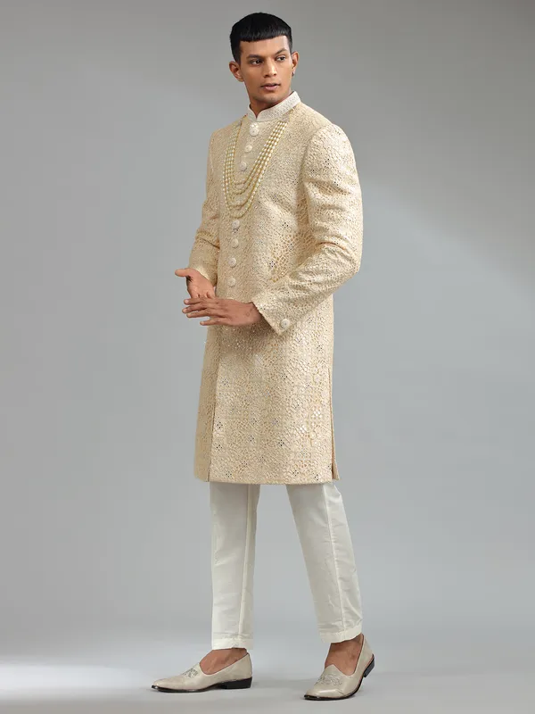 Latest light yellow silk sherwani