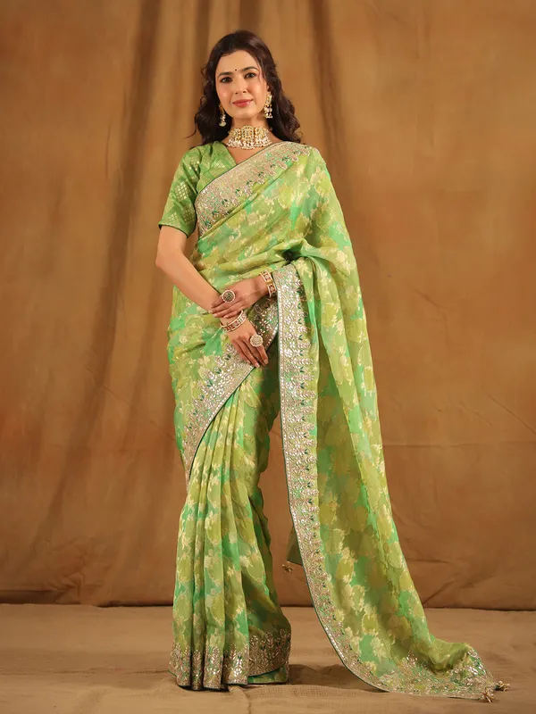 Latest green organza saree