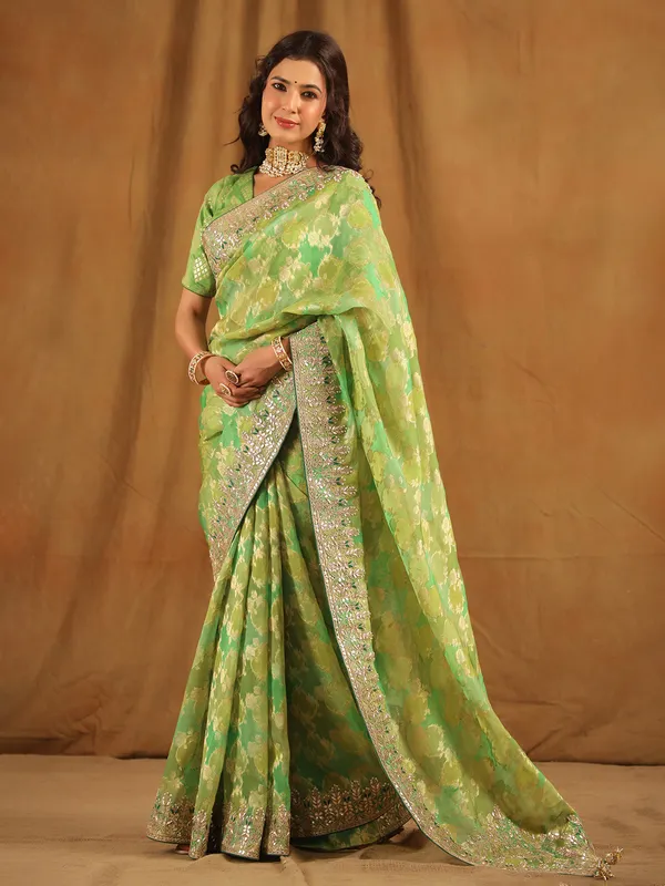 Latest green organza saree