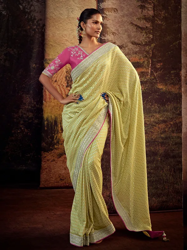 Latest lime yellow soft silk saree