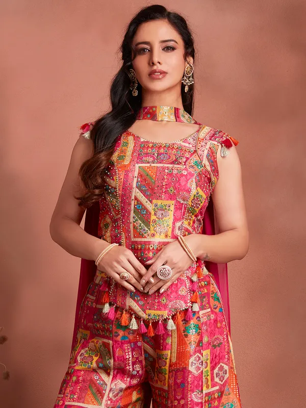 Latest magenta printed silk palazzo suit