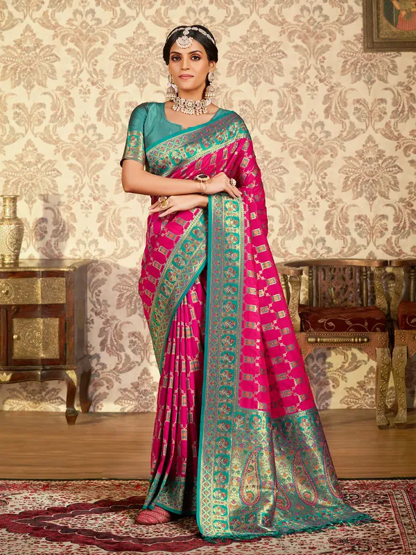 Latest magenta silk minakari saree